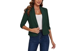 LADI TREND Womens Blazer Open Front Suit Jacket 3/4 Ruched Sleeve Blazers Casual Cardigan Outerwear with Patch Pockets