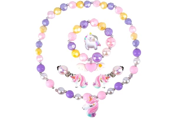 GWAWG Collier de Licorne Bracelet Filles Collier Boucle d'oreille Bracelet Bague pour Petite Fille Princesse Dress Up Superbe Bijoux de Costume et Cadeau de Fête