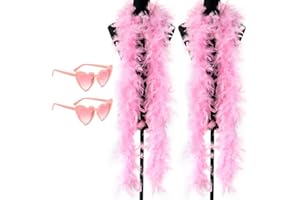DAJILI 6.6ft/2M Feather Boas, 2pcs Colorful Feather Boas with 2pcs Heart Sunglasses, Pink Feather Boas Party Accessories Feather Scarf for Dancing Wedding Dress Up Halloween Costume Decoration