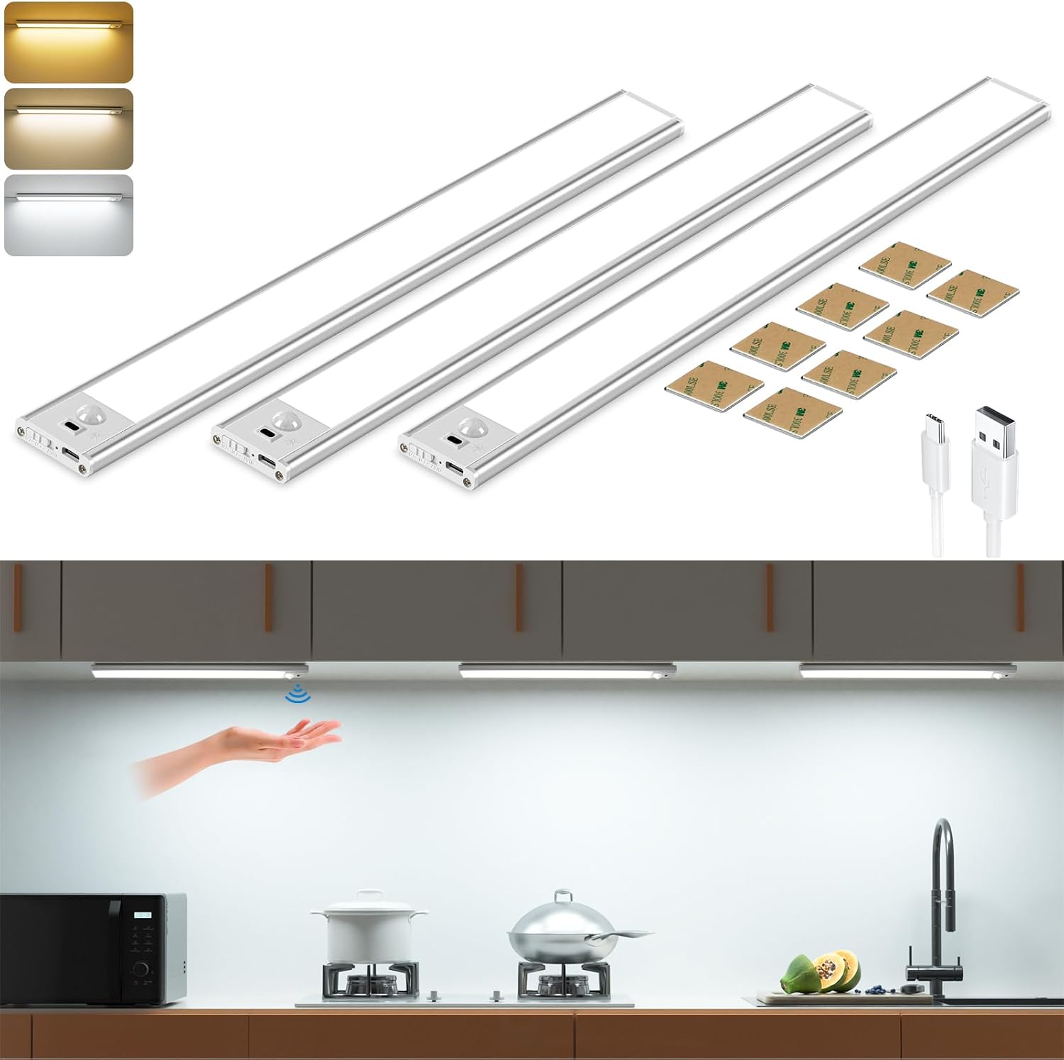LouBout Under Cabinet Kitchen Lights Hand Wave Activated, 56LED 30cm Motion Sensor Lights Indoor, 3 Pack 3 Color Temps Stepless Dimming USB-C Rechargeable Cupboard Light for Kitchen Wardrobe Hallway