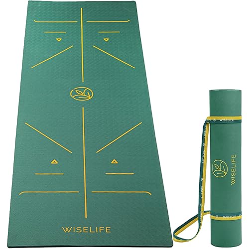 WiseLife TRU Body Alignment Yoga Mat   Sleek Yoga Strap for Men and Women | Non-Slip Textured Extra Wide & Thick | Pro Balance TPE Exercise Mat For Home, Pilates, Gym & Fitness (6mm, Green)