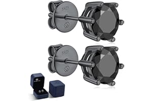 MomentWish Black Moissanite Stud Earrings, 1-2 Carat Earrings, Black, Men, Women, 925 Sterling Silver, Simulated Diamond Earrings, Solitaire Earrings, Gift for Him 5/5.5/6.5 mm