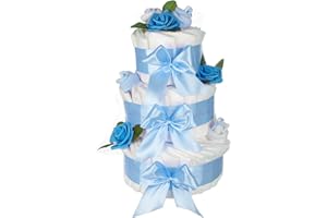 dubistda© XXL Windeltorte blau für Junge ROSENBLÜTE / 63-teilig/Geschenk zur Geburt / 45cm