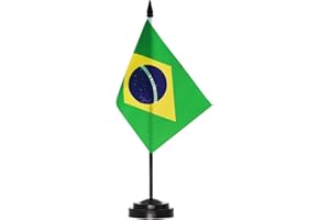 ANLEY Brazil Ensemble de drapeaux de bureau de luxe - Drapeau de bureau brésilien miniature 6 x 4 pouces avec mât solide de 12 "- Couleurs vives et résistant à la décoloration - Base noire et dessus