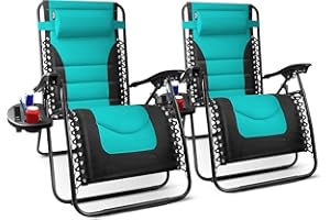 KEPLIN Set of 2 XXL Premium Heavy Duty Padded Zero Gravity Chairs - Luxurious Garden Recliners, Adjustable Headrest, Cup & Phone Holder, Foldable, Easy to Clean Patio Sun Loungers (Teal)