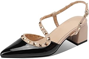 EXECAB Escarpins cloutés pour Femmes Sexy Bout Pointu fermé Sandales à Talons Talon épais Slingback Bas Bloc Talon à lanières Pompe de Mariage