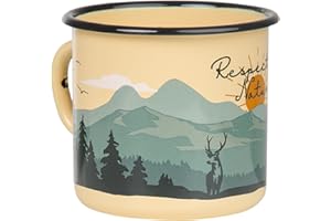 MUGSY Respect Nature | Tazza smaltata beige | design esterno | Tazza smaltata resistente e leggera per campeggio e escursioni | Tazza da caffè retrò 330 ml