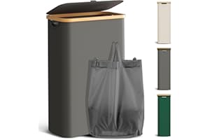 YOUDENOVA Kosz na pranie z pokrywką, 48 l, wąski, z workiem na pranie, składany, drewno bambusowe, kosz na pranie, wysoki kosz Laundry Baskets, ciemnoszary