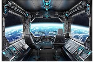 Aoihrraan 2,2x1,5m Vaisseau Spatial Fenêtre Vue Toile De Fond Extérieur Espace Vaisseau Spatial Cockpit Lune Surface Univers Exploration Photographie Fond pour Garçon Anniversaire Fête Photo Prop