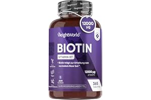 Biotin Tabletten - 12.000mcg reines Biotin für Haarwuchs, Haut & Bartwuchs - 365 vegane Tablets für 1 Jahr Vorrat - Vitamin B