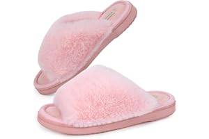 Snug Leaves Ladies' Deluxe Fluffy Memory Foam Slip on Slippers Cozy Faux Fur Lined Open Toe House Slides
