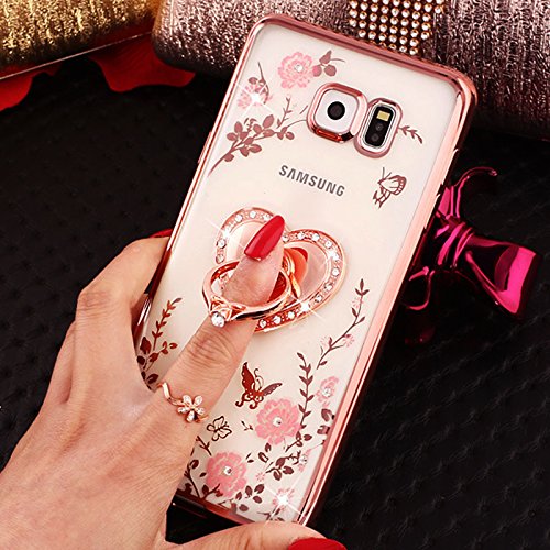 Galaxy S7 Edge Hülle,Galaxy S7 Edge Schutzhülle,Galaxy S7 Edge Case,ikasus® [Bling Glitzer Kristall Strass Diamant Spiegel Hülle] Galaxy S7 Edge Silikon Hülle [Glitzer Strass Ring Stand Holder],Glänzend Glitzer Kristall Strass Diamanten Überzug Malerei Schmetterling Blumen Mit Ring Ständer Halter Stoßdämpfend TPU Silikon Schutz Handy Hülle Case Tasche Silikon Crystal Case Schutzhülle Etui Bumper für Samsung Galaxy S7 Edge - Rose Gold + Love Stand