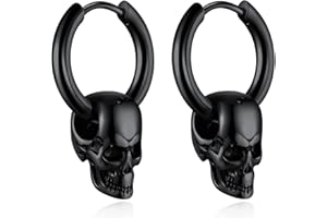 Bandmax Boucles d'Oreilles Tête de Mort Homme en Acier Inoxydable, Petite Créole avec Pendante Crâne Noir, Gothic Earrings