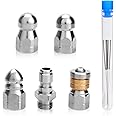 4pcs Sewer Jetter Nozzles with 1/4" NPT Quick Connector, Dowels and Pipe Sealant Tape Stainless Steel Sewer Cleaning Tool for High Pressure Washer Drain Cleaner Jetting Hose Spray Tips Kit, 5000 PSI