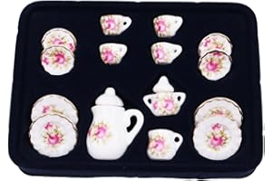 WANGCL Juego de té para casa de muñecas, juego de té en miniatura, 15 piezas de artículos de comedor, tazas de porcelana, accesorios para casa de muñecas Barbie 1/12, casa de muñecas Lundby