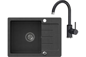 VBChome Lavello da Incasso in Granito Nero 60 x 44 cm – Lavello Singolo Reversibile con Sifone, Superficie Puntiforme, Resistente ai Graffi e al Calore, per Base da 45 cm