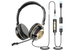 Wantek USB Headset mit Mikrofon für PC Laptop, Typ C-USB-3,5mm Jack, 3-in-1-Kopfhörer mit Geräuschunterdrückung und Lautstärkeregler für Callcenter, Skype, Zoom, Home Office, Online-Kurse