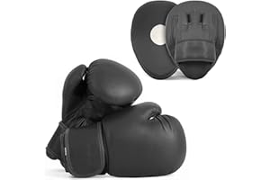 LIONS-BOXING Lions Amateur Fitness Boxing Set Hook & Jab Pads Focus Punch Bag Gloves Target Strike Mitts (Classic Black, 8oz)