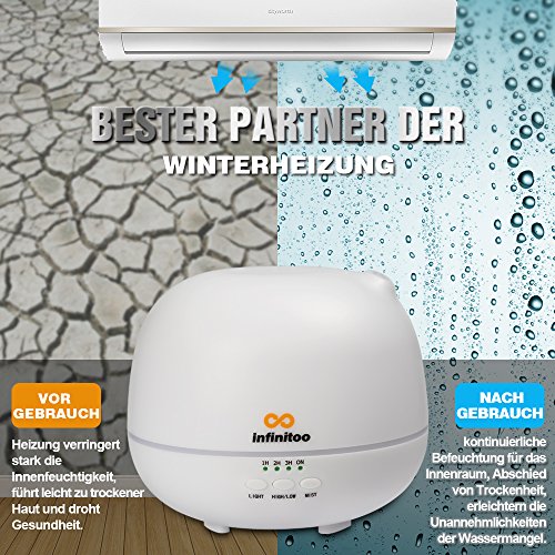 Luftbefeuchter | infinitoo 500ml Ultraschall Aroma Diffuser | Aromatherapie Diffusor | Abschaltautomatik Öl Raumbefeuchter mit 4 Zeitmodi Einstellungen und 7 LED Farbwechsel für Wohnzimmer, Kinderzimmer, Schlafzimmer,, Baby- und Yogazimmer, SPA, Büro usw. - 3
