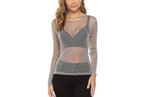 ZHER-LU Camiseta informal de manga larga con cuello alto y malla transparente para mujer