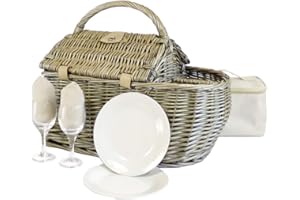 FINE FOOD STORE Deluxe 2 Person Picnic Wicker Boat Hamper & Accessories Including Chiller Bag - Gift Ideas for Mum, Mothers Day, Birthday, Wedding, Anniversary and Corporate