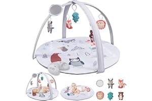 BAYMI 8-in-1 Baby Gym Spielmatte, Baby Spieldecke mit 6 Sensorik Spielzeugen, Spielmatte Baby Faltbar, Krabbeldecke für die Sensorische und Motorische Entwicklung, Baby Spielzeug ab 0 3 6 9 12 Monate (Wald)