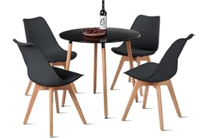 DORAFAIR Juego de Mesa de Comedor y Sillas, 1 Mesa + 4 Sillas, de Diseño Nórdico, Mesa Redonda Negra y 4 Sillas Negro