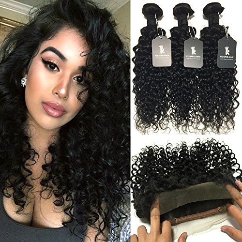 Rissing Hair 360 Lace Frontal With Bundles Pre Plucked Unbleached Knots, Deep Curly Brazillian Hair 3 Bundles Remy Long Human Hair Bundles Next Day Delivery Hair (18" 20" 22" with 16")