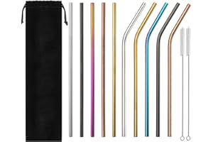 JeoPoom Pajitas de Acero Inoxidable[10 Piezas], Pajitas Reutilizables, con 2 Cepillos limpios, para Batidos, Batidos, Bebidas Calientes(Vistoso)