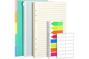 FANDAMEI A5 Refills - Lined Paper Set with PP Binder Divider, Neon Index Flag & Zipper Pocket, Paper Inserts with Subject Divider, Planner Inserts