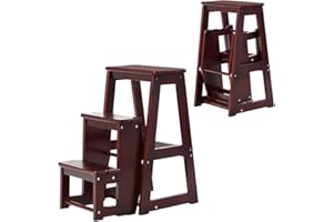 RELAX4LIFE 2 in 1 Sgabello Scaletta in Legno a 3 Gradini, Richiudibile per Cucina, Camera da letto, Ufficio, Negozio (Marrone Scuro)