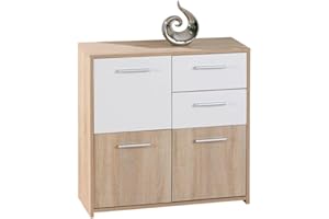Inter Link – Kommode – Sideboard - Kommode mit 3 Türen und 2 Schubladen – 2 Farbig – Melaminbeschichtet – Sonoma Eiche Nachbildung und Weiß – BxTxH: 77x30x77 cm – Eboli