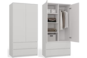 ‎CDF CDF Kleiderschrank Weiß 90cm Breit Kinderzimmer Schlafzimmer 2 Schubladen 2-türig Kleiderschrank Zweitüriger Schrank Moderne Look Alles für die Montage Inklusive Garderobenschrank Klamotten Spielzeuge