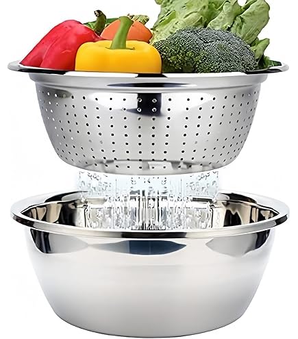 304 Roestvrij staal met Colander,Keuken Rijst Zeef, Roestvrij staal Groentebassin,met Mengkom Voor het wassen van groenten,fruit en rijst en voor het afvoeren van gekookte pasta(Size:24CM,Color:Goud