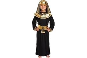 HENBRANDT Children’s Pharaoh Costume with Black Robe Fancy Dress Ancient Egypt Outfit with Headdress for Kids School History Book Day Size Medium Ages 7-9 Halloween Dress Up for Boys