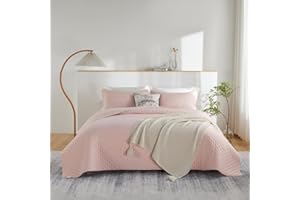 JUNCAI Bedspread Pink Double Size Bed, Soft Lightweight Summer Microfiber Coverless Duvet for All Season, 3 Piece Bedspread with Pillow Shams (1 Quilt, 2 Pillow Shams)