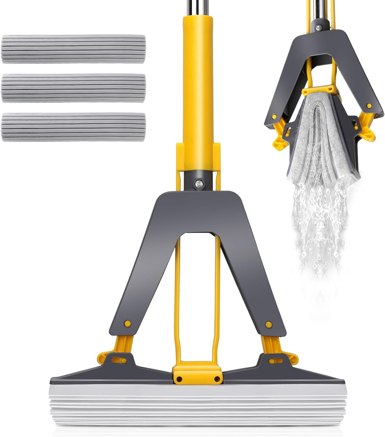 Masthome Fregona de Esponja con Mango de 130 cm, Fregona Absorbente con 3 Cabezas de Esponja, Esponja para Limpieza del Suelo, Mopa Fregona para Baldosas, Laminado, Limpieza de Suelos de Madera Dura