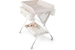 COSTWAY 3 in 1 Wickeltisch klappbar, mobile Wickelkommode mit Rollen, Wickelstation höhenverstellbar mit Mülleimer & Aufbewahrungskorb, tragbare Wickelauflage bis 11 kg Belastbar (Beige)