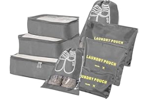 BillyBath Koffer Organizer 8-en-1 Set de Organiseurs Bagage pour Voyage,Cubes Étanche Sacs Voyage,Organisateur Valise Sacoches Bagages,Pour Vêtements Chaussures Sous-vêtements Cosmétiques (Gris)