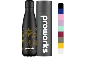 Proworks Botellas de Agua Deportiva de Acero Inoxidable | Cantimplora Termo con Doble Aislamiento para 12 Horas de Bebida Caliente y 24 horas de Bebida Fría - 350ml - Celestial - Todo negro
