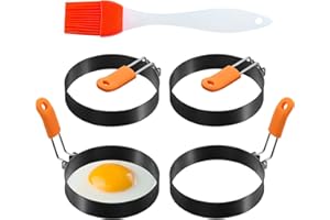 MetalNuts Lot de 4 Anneaux D'oeuf en Acier Inoxydable Antiadhésifs - Idéaux pour Préparer Oeuf au Plat, Pancakes, Omelettes et Plus - Avec Poignée Pliable et Brosse à Huile