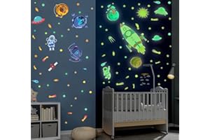 KAIRNE Glow in the Dark Rockets Planets Wall Decals, Glow in the Dark Outer Space Wall Sticker,Star Astronaut Stickers,Luminous Adhesives Ceiling Decals for Kids Bedroom Baby Room Playroom Nursery Decoration