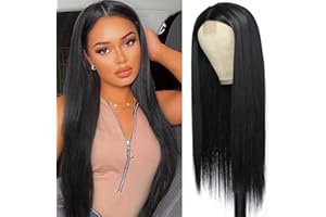 PORSMEER Peluca Negro Encaje Frontal para Mujer, Largo Recto Sedoso Lace Front Mezclar Yaki Pelo 180% Densidad Sintético Natural Pelucas para Halloween Cosplay Disfraz 24" (Color: 1B#)