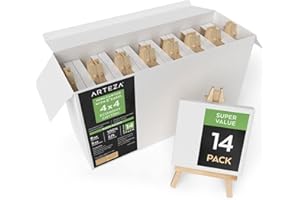 ARTEZA Lot de 14 mini toiles avec chevalets 10,16 x 10,16 cm, 100% coton, petite toile tendue et chevalet en bois de pin massif, fournitures d'art pour les fêtes de peinture, les travaux manuels et