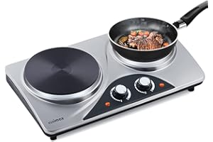 CUSIMAX Gusseisen Doppelkochplatte, Kochplatten 2er Elektrisch in 1000W+1500W, herdplatte elektrisch doppel für Garten, Wohnmobil oder Camping, Silber Edelstahl mit einstellbarer Temperatur