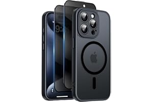 Qasyfanc Coque Magnétique pour iPhone 15 Pro Max avec 2 Verre Trempé Anti-Espion, Compatible avec MagSafe, Étui Mat Translucide Arrière Housse Antichoc Anti-Rayures pour iPhone 15 Pro Max, Noir