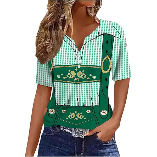 Oktoberfest Damen T-Shirt Mit Lederhosen Motiv - Trachtenbluse V-Ausschnitt