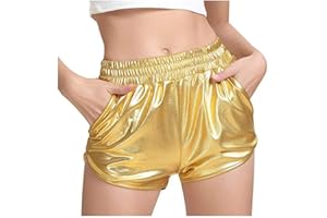 Polly Online Women Metallic Shorts PU Leather Shorts Elastic Waist Shorts Shiny Shorts