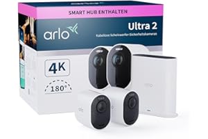 Arlo Ultra 2 Überwachungskamera Aussen WLAN, Kabellos, 2er Set, 4K UHD Qualitätsprodukt, 180° Sichtfeld, Spotlight, Farb-Nachtsicht, Bewegungsmelder, Alarm Sirene + mit Arlo Secure Testzeitraum