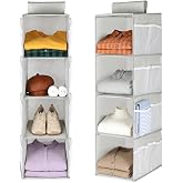 AOOWU Wardrobe Organizer, Fabric Hanging Shelf with 4 Tiers and 12 Pockets, Foldable Closet Bags, Hanging Fabric Organizer fo